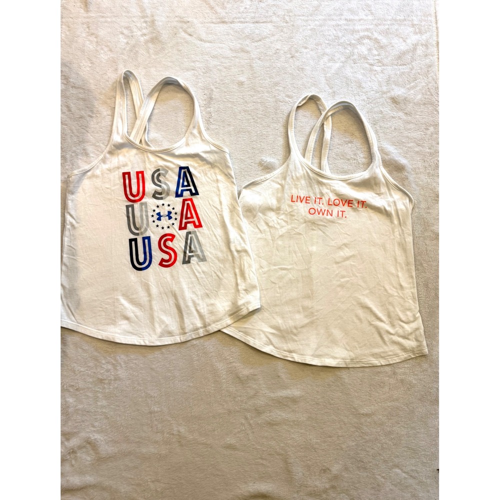 Under Armour USA HeatGear Racerback Tank Top Lot of 2 White XS Loose Fit